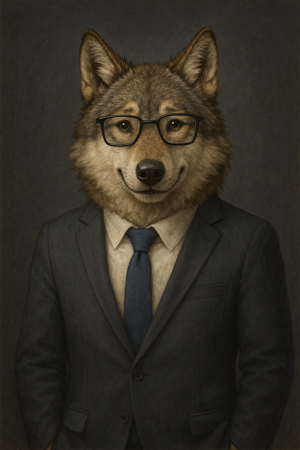 A picture of a good looking wolf in a casual suit